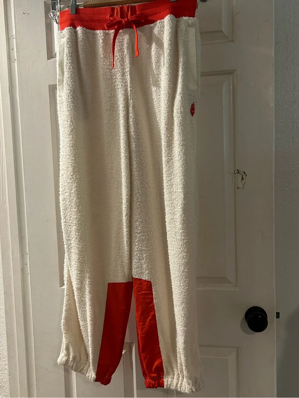 Free People Cream Plush Joggers with Red Trim